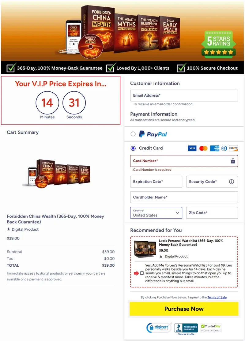 Forbidden China Wealth secure ClickBank checkout page