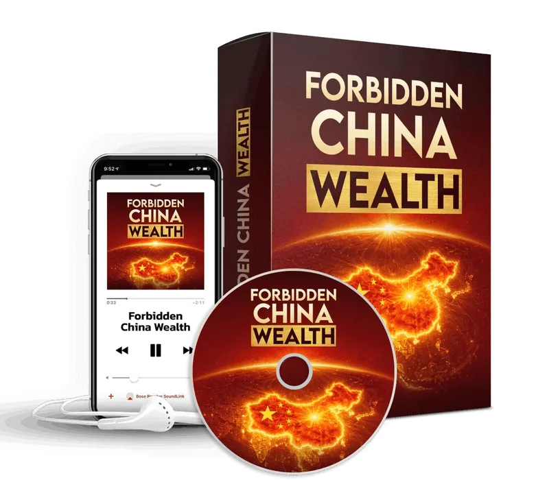 Forbidden China Wealth official website digital audio program shown on phone, box and disc